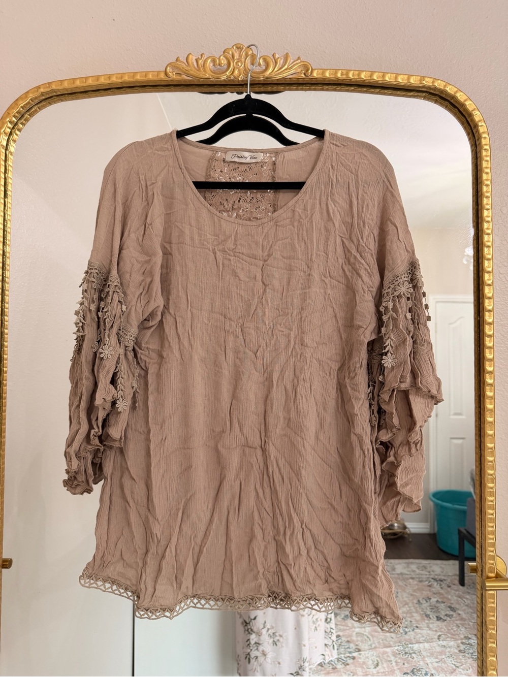 Womens Taupe Gauze Blouse with Crochet Sleeve Detail